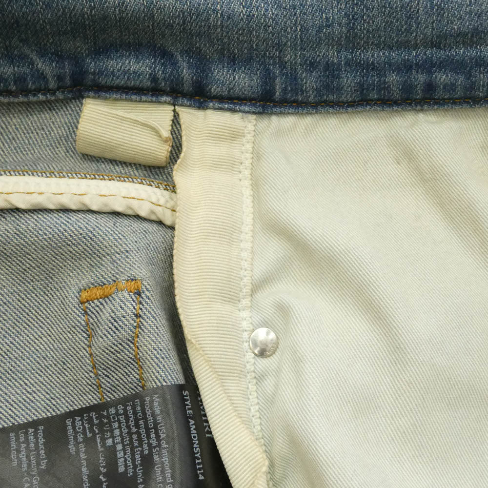 AMIRI アミリ 26SS AMDNSY1114 Staggered Logo Skinny Jean レザーロゴパッチ ダメージ加工 スキニー デニムパンツ ライトブルー系 UK 33【中古】