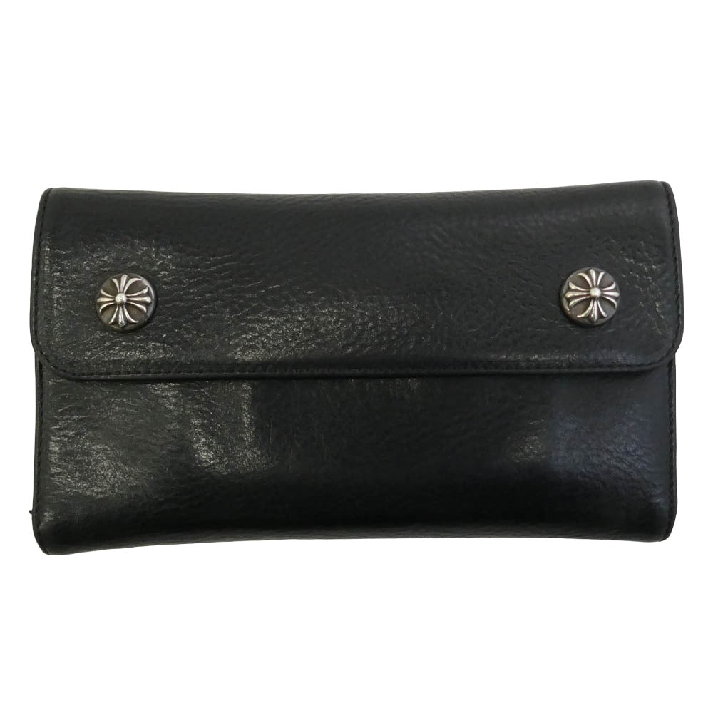 CHROME HEARTS クロムハーツ（原本無） WAVE CROSS BALL ウェーブ クロスボールボタン レザー ウォレット 財布 ブラック系【中古】