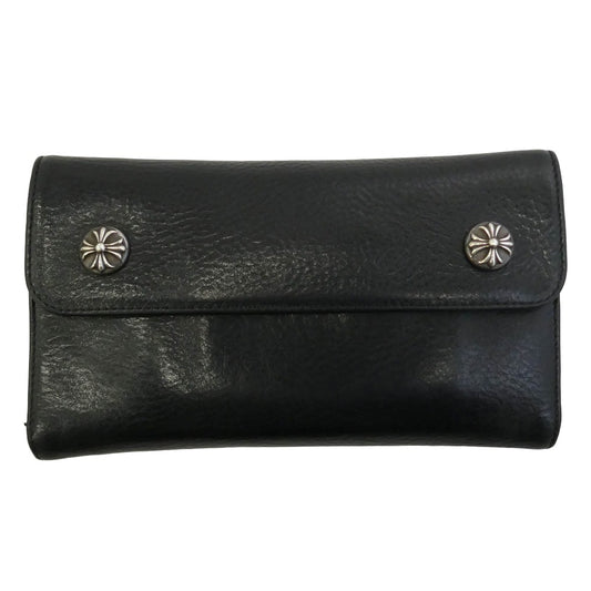 CHROME HEARTS クロムハーツ（原本無） WAVE CROSS BALL ウェーブ クロスボールボタン レザー ウォレット 財布 ブラック系【中古】