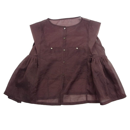 ヘラ CHAMBRAY ORGANDY BL オーガンジー タックギャザー シアー ノースリーブ ブラウス ブラウン系 F【中古】