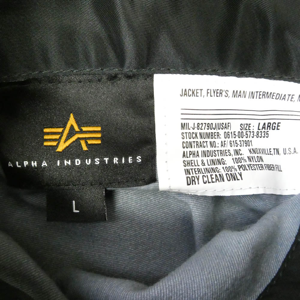 ALPHA アルファ 0615-00-573-8335 INDUSTRIES MIL-J-82790J JACKET FLYER'S MAN INTERMEDIATE MA-1 KNOXVILLE TN.U.S.Aアメリカ空軍 フライトジャケット ボンバージャケット ブラック系 L【中古】