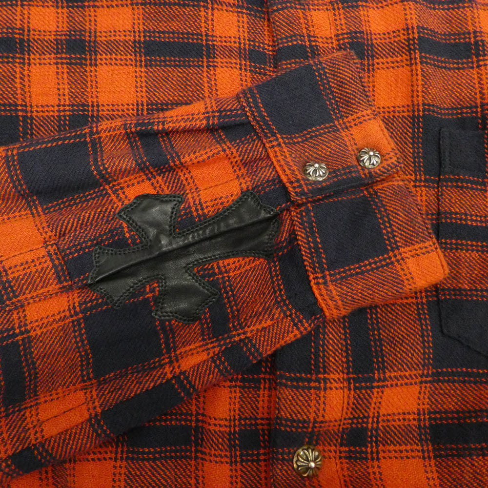 CHROME HEARTS クロムハーツ（原本無） Loose Ends Cross Leather Patch Check Shirt ルーズエンド クロスレザーパッチ 長袖 チェックシャツ レッド系 ブラック系【中古】