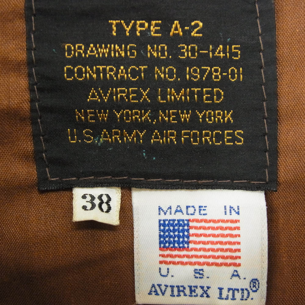 AVIREX アヴィレックス 90s USA製 A-2 フライト ジャケット ブラウン系 38【中古】