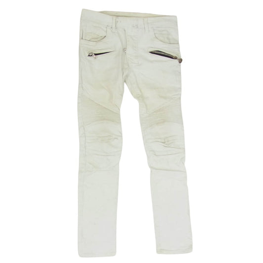 BALMAIN バルマン T551 B363 B 汚れ加工 スキニー スリム バイカー デニム パンツ ホワイト系 ２８【中古】