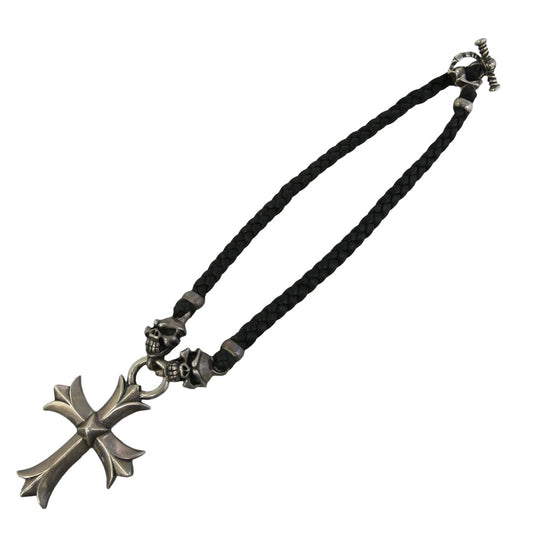 TRAVIS WALKER トラヴィスワーカー LARGE SACRED CROSS WITH 2 SPEED WITH BRAIDED LEATHER NECKLACE WITH T-BAR CZ クロス スカル レザーブレード ネックレス シルバー系 ブラック系【中古】