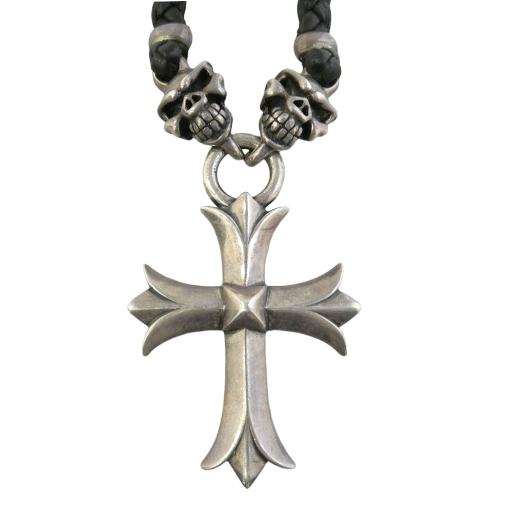 TRAVIS WALKER トラヴィスワーカー LARGE SACRED CROSS WITH 2 SPEED WITH BRAIDED LEATHER NECKLACE WITH T-BAR CZ クロス スカル レザーブレード ネックレス シルバー系 ブラック系【中古】