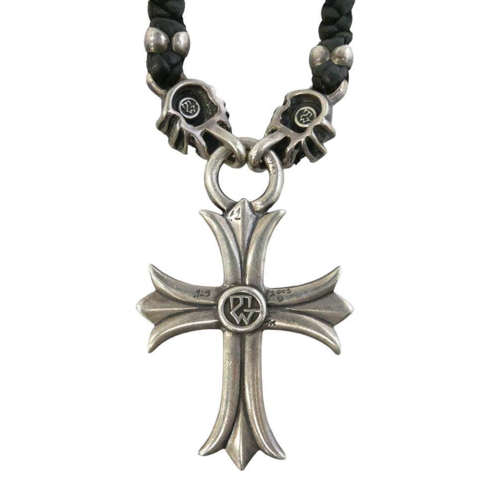 TRAVIS WALKER トラヴィスワーカー LARGE SACRED CROSS WITH 2 SPEED WITH BRAIDED LEATHER NECKLACE WITH T-BAR CZ クロス スカル レザーブレード ネックレス シルバー系 ブラック系【中古】