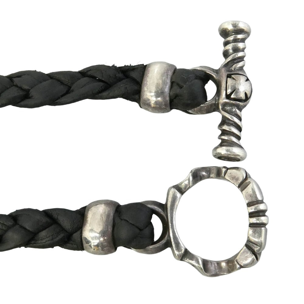 TRAVIS WALKER トラヴィスワーカー LARGE SACRED CROSS WITH 2 SPEED WITH BRAIDED LEATHER NECKLACE WITH T-BAR CZ クロス スカル レザーブレード ネックレス シルバー系 ブラック系【中古】