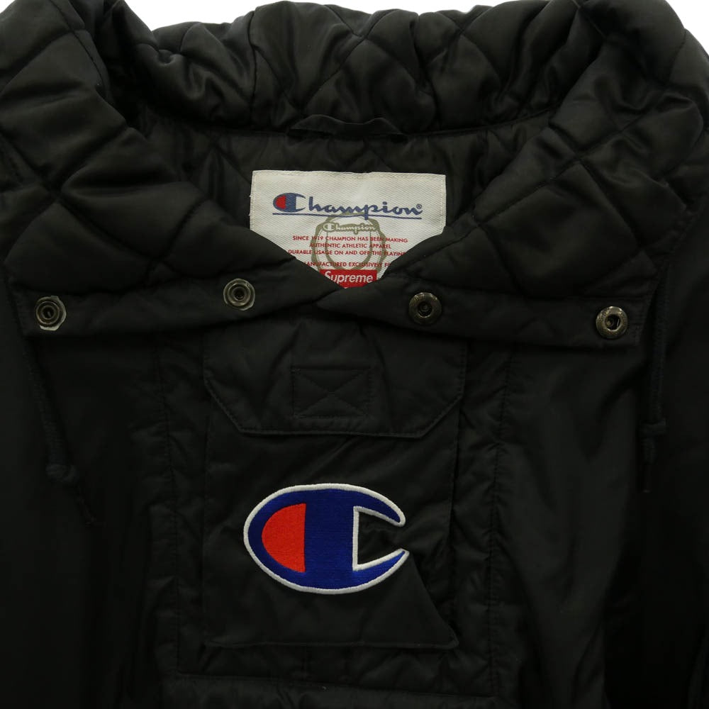 Supreme シュプリーム Champion チャンピオン 18SS × Champion Pullover Parka チャンピオン ビックロゴ 刺繍 プルオーバー パーカー ブラック系 M【中古】
