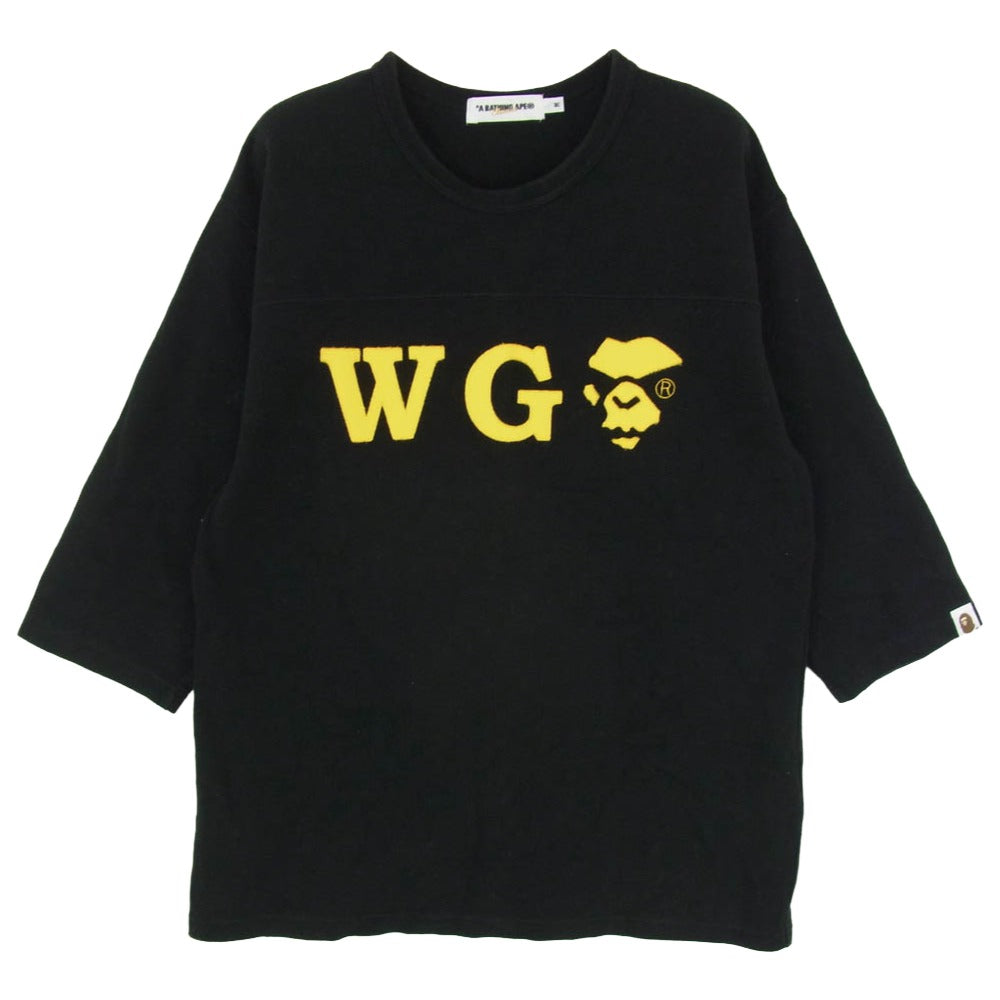 A BATHING APE アベイシングエイプ マッドエイプ WG ロゴ アップリケ ワッペン Tシャツ 七分袖 フットボール カットソー ブラック系 M【中古】
