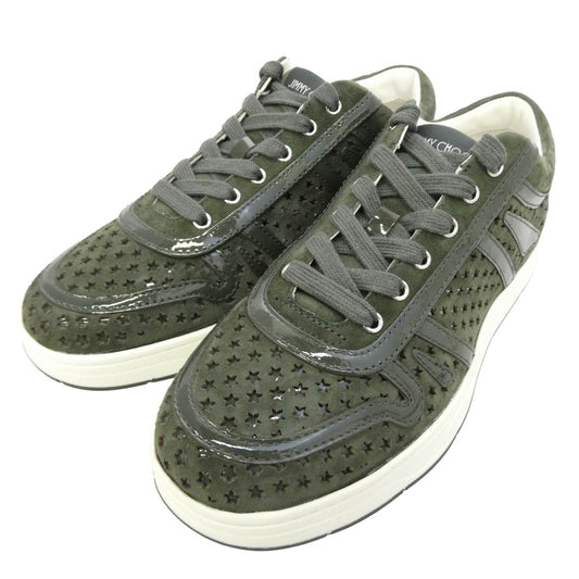 JIMMY CHOO ジミーチュウ HAWAII/M ハワイ スター パンチング スエード スニーカー モスグリーン系 39【極上美品】【中古】