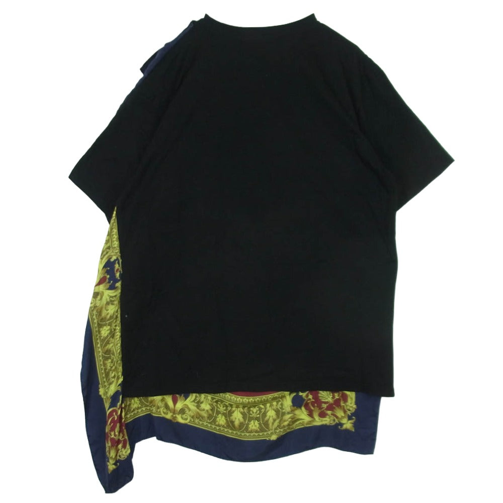 JUNYA WATANABE COMME des GARCONS MAN ジュンヤワタナベコムデギャルソンマン 25SS WO-T003 AC/DC Silk Scarf プリント シルク スカーフ ドッキング 半袖 Tシャツ カットソー ブラック系 マルチカラー系 L【中古】