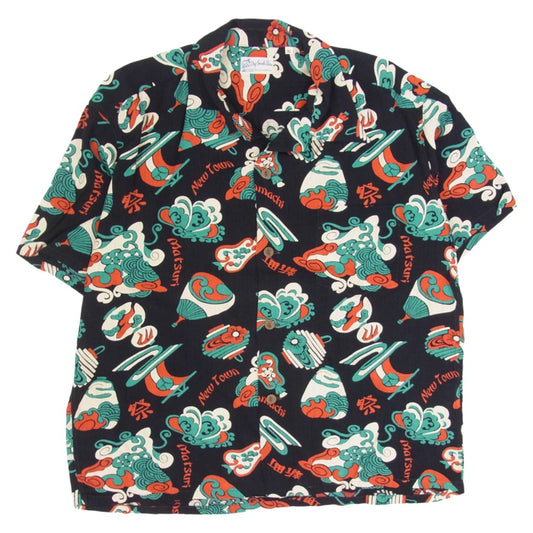 SUN SURF サンサーフ SS39060 THE LOST TOWN 抜染 プリント レーヨンスラブ 半袖 アロハシャツ ブラック系 XL【極上美品】【中古】