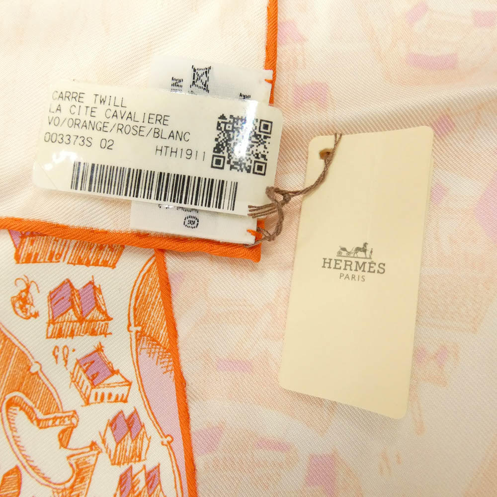 HERMES エルメス カレ90 La Cite Cavaliere シテ カヴァリエール シルク スカーフ オレンジ系【極上美品】【中古】