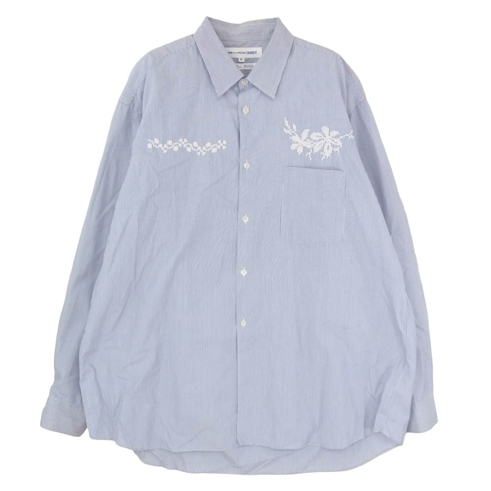COMME des GARCONS コムデギャルソン CDG SHIRT ストライプ フラワー刺繍 長袖 シャツ ブルー系 M【中古】