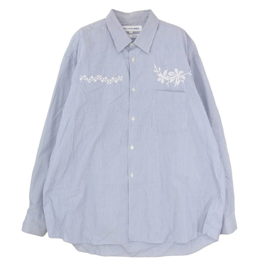COMME des GARCONS コムデギャルソン CDG SHIRT ストライプ フラワー刺繍 長袖 シャツ ブルー系 M【中古】
