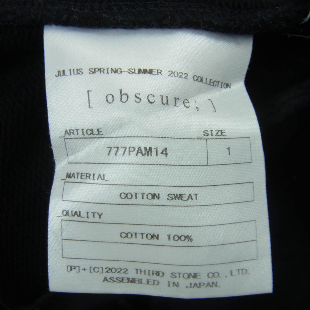 JULIUS ユリウス 22SS 777PAM14 Obscure Graige Pants スウェット サルエル パンツ 日本製 ブラック系 1【中古】