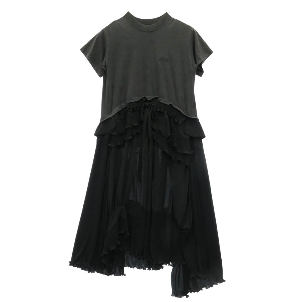 BALENCIAGA バレンシアガ 725106 TLO32 フリル プリーツ ドッキング 切り替え Tシャツ 半袖 ワンピース ブラック系 34【中古】