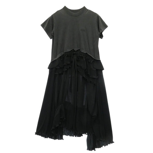 BALENCIAGA バレンシアガ 725106 TLO32 フリル プリーツ ドッキング 切り替え Tシャツ 半袖 ワンピース ブラック系 34【中古】