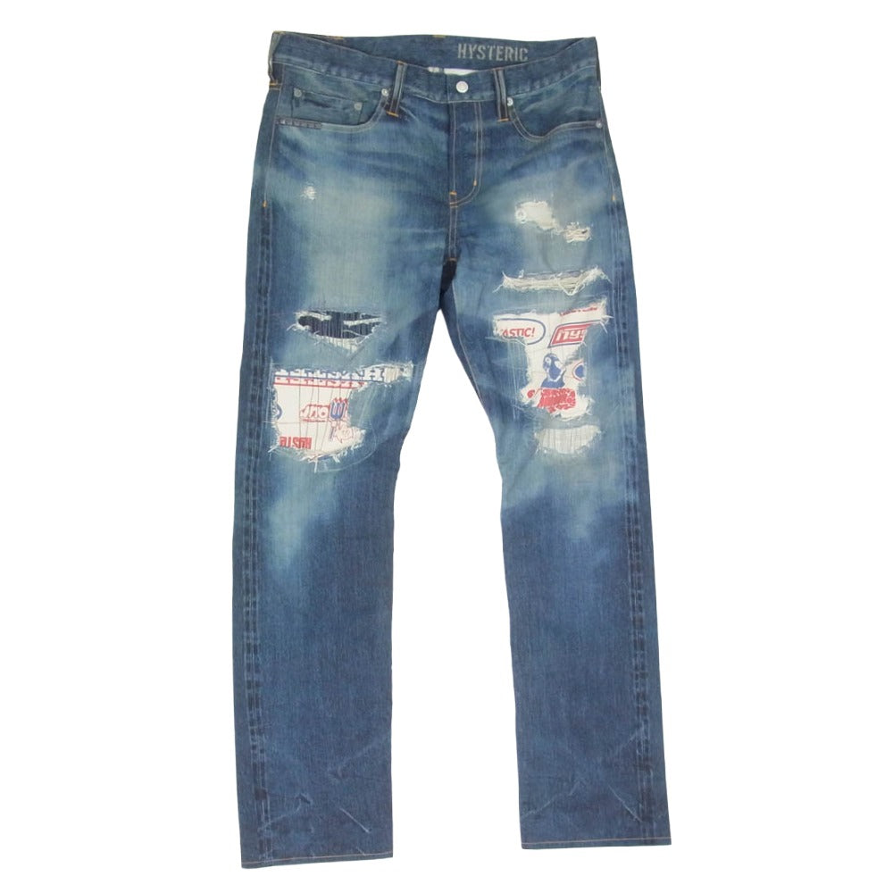 HYSTERIC GLAMOUR ヒステリックグラマー 02182AP06 GOD PATCH DENIM pt スリムストレート PT 転写 トロンプルイユ デニム パンツ インディゴブルー系 M【美品】【中古】 HYSTERIC GLAMOUR ヒステリックグラマー 02182AP06 GOD PATCH DENIM pt