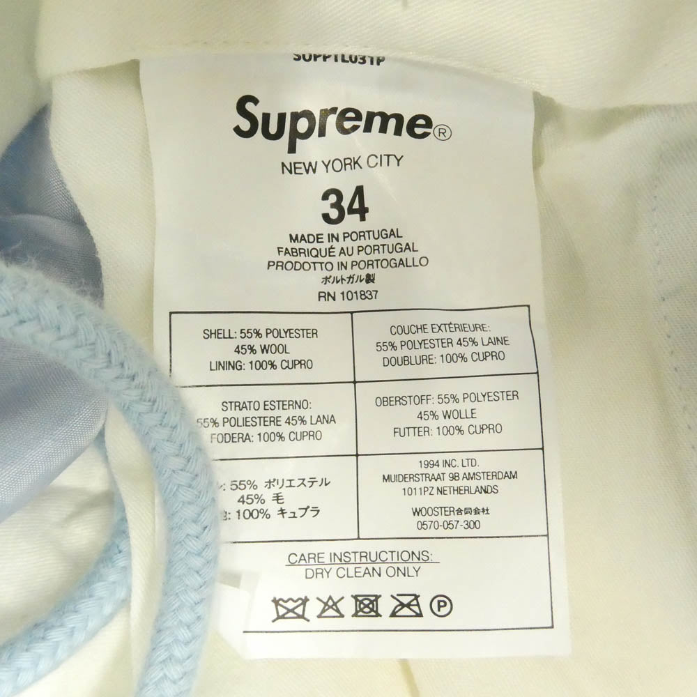 Supreme シュプリーム 22SS Pleated Trouser Slate blue プリーツ トラウザー スレート ブルー スラックス パンツ ライトブルー系 34【中古】