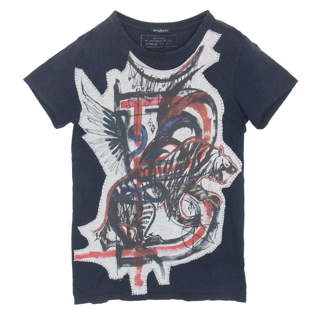 BALMAIN バルマン S1HJ601I518 GRAFFITI TEE ダメージ加工 グラフティ パッチワーク 半袖 Tシャツ ダークネイビー系 XS【中古】