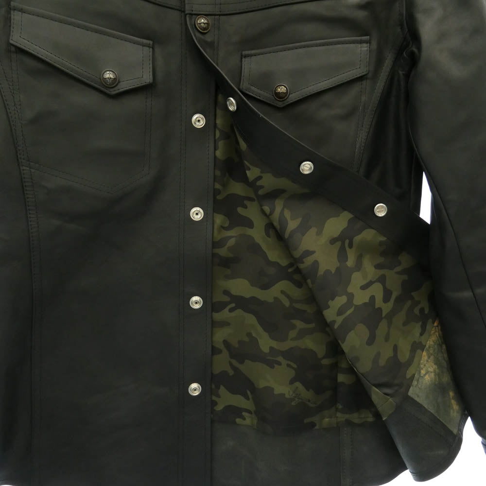 ISAMUKATAYAMA BACKLASH イサムカタヤマバックラッシュ 23SS T-254 THE LINE ザライン GUIDI CALF Leather Shirts シルバー925ボタン グイディ カーフレザー シャツ ジャケット ブラック系 L【中古】