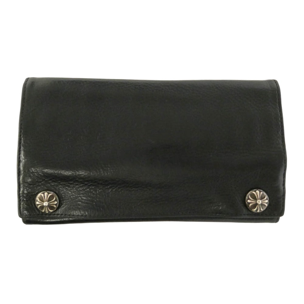 CHROME HEARTS クロムハーツ（原本有） GREASY LONG LEATHER WALLET グリーシー クロスボタン レザーロングウォレット 長財布 ブラック系【中古】