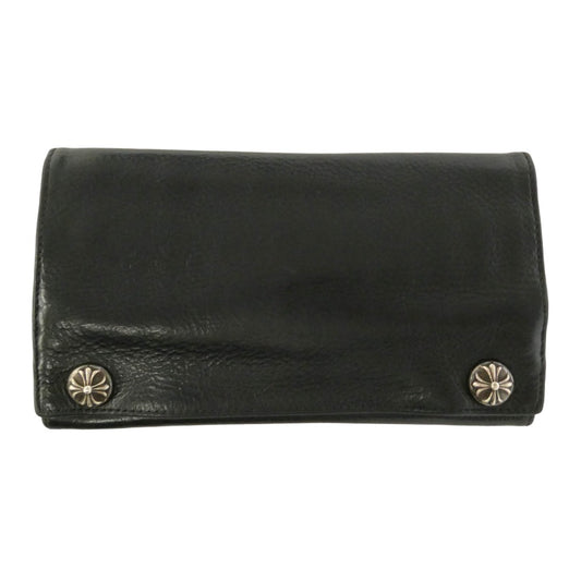 CHROME HEARTS クロムハーツ（原本有） GREASY LONG LEATHER WALLET グリーシー クロスボタン レザーロングウォレット 長財布 ブラック系【中古】