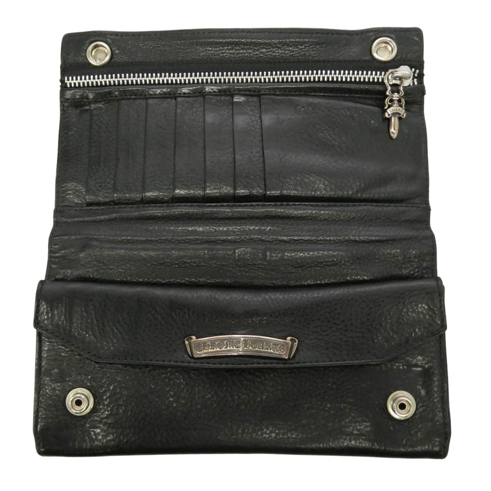 CHROME HEARTS クロムハーツ（原本有） GREASY LONG LEATHER WALLET グリーシー クロスボタン レザーロングウォレット 長財布 ブラック系【中古】