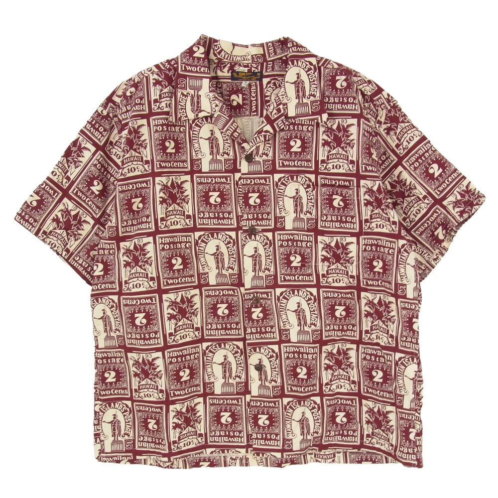 SUN SURF サンサーフ SS39096 COTTON HERRINGBONE OPEN SHIRT HAWAIIAN STAMP コットン ヘリンボーン オープン ハワイアン 半袖アロハシャツ エンジ系 XL【美品】【中古】