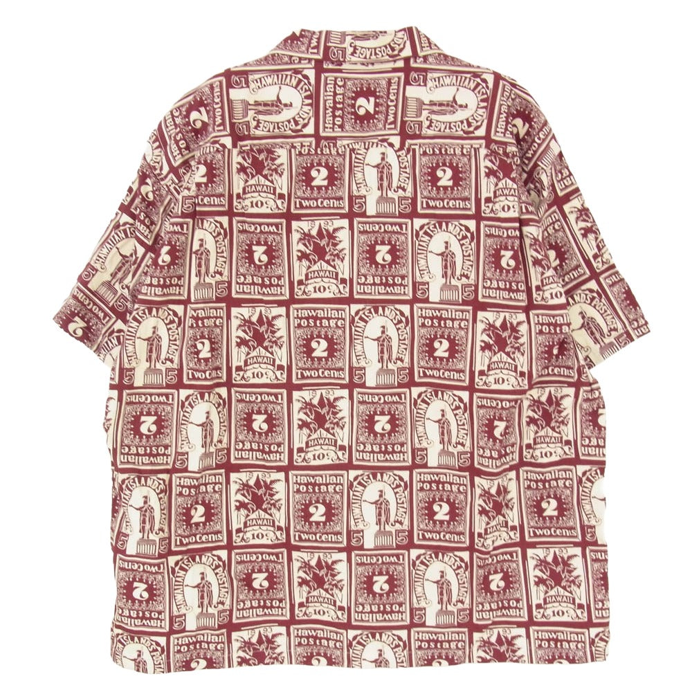 SUN SURF サンサーフ SS39096 COTTON HERRINGBONE OPEN SHIRT HAWAIIAN STAMP コットン ヘリンボーン オープン ハワイアン 半袖アロハシャツ エンジ系 XL【美品】【中古】