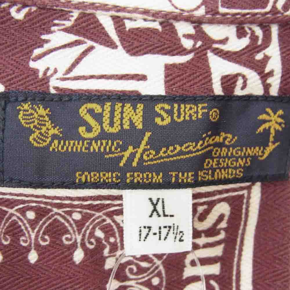 SUN SURF サンサーフ SS39096 COTTON HERRINGBONE OPEN SHIRT HAWAIIAN STAMP コットン ヘリンボーン オープン ハワイアン 半袖アロハシャツ エンジ系 XL【美品】【中古】