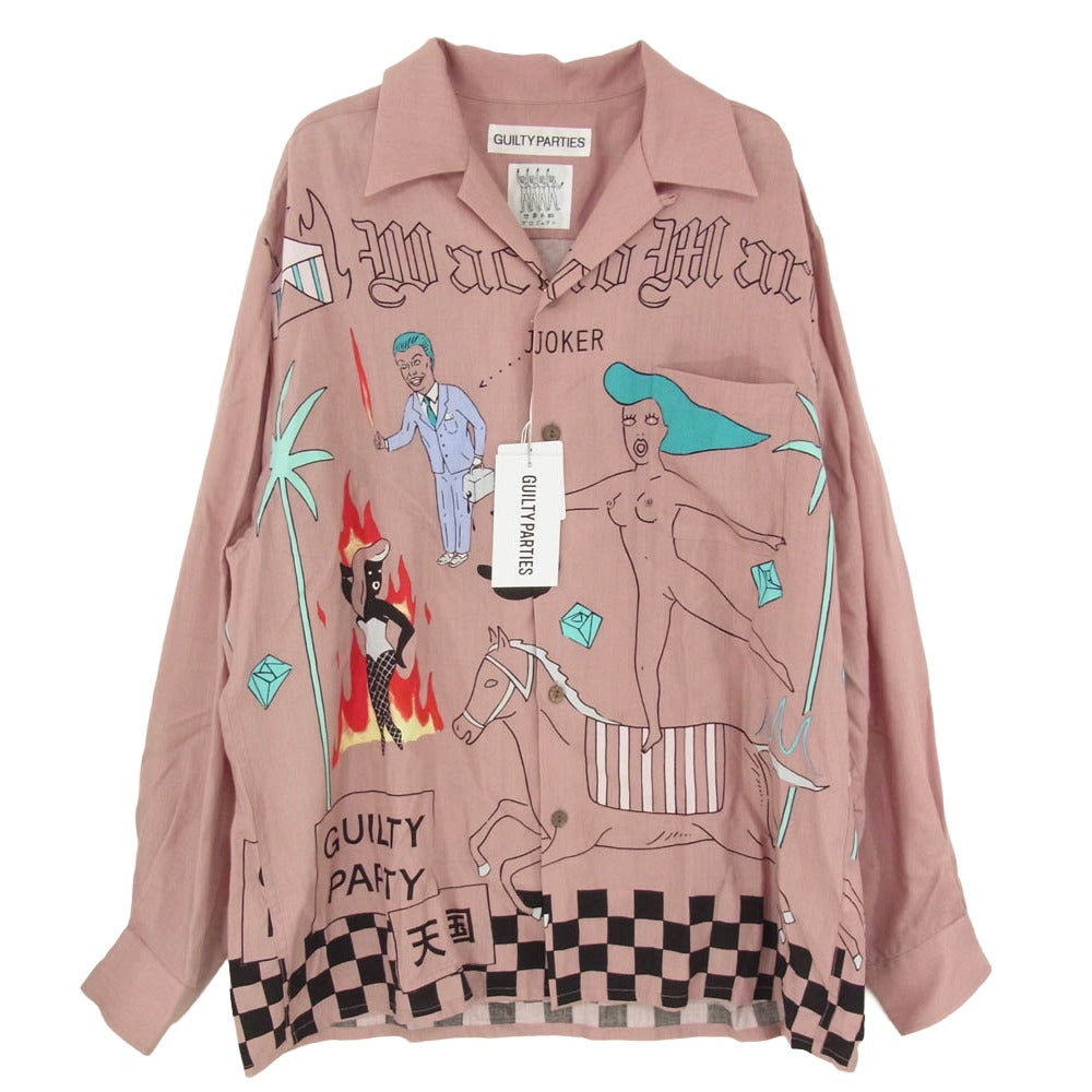 WACKO MARIA ワコマリア 23AW 23FW-WMS-HI05 World Peace Project 世界平和プロジェクト HAWAIIAN SHIRT L/S 総柄 オープンカラー ハワイアン 長袖 シャツ ピンク系 M【中古】