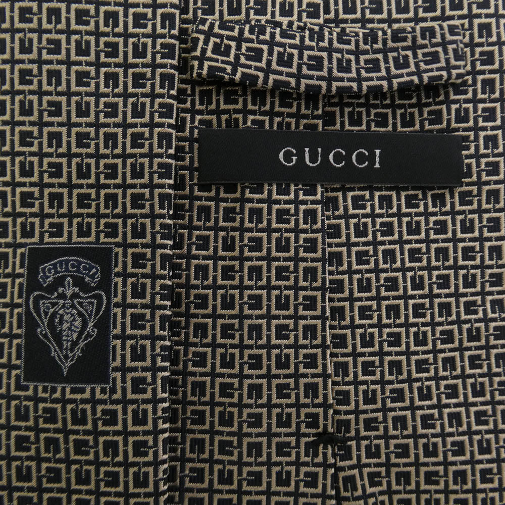GUCCI グッチ イタリア製 スクエアGロゴ シルク ネクタイ ブラック系 ベージュ系【中古】