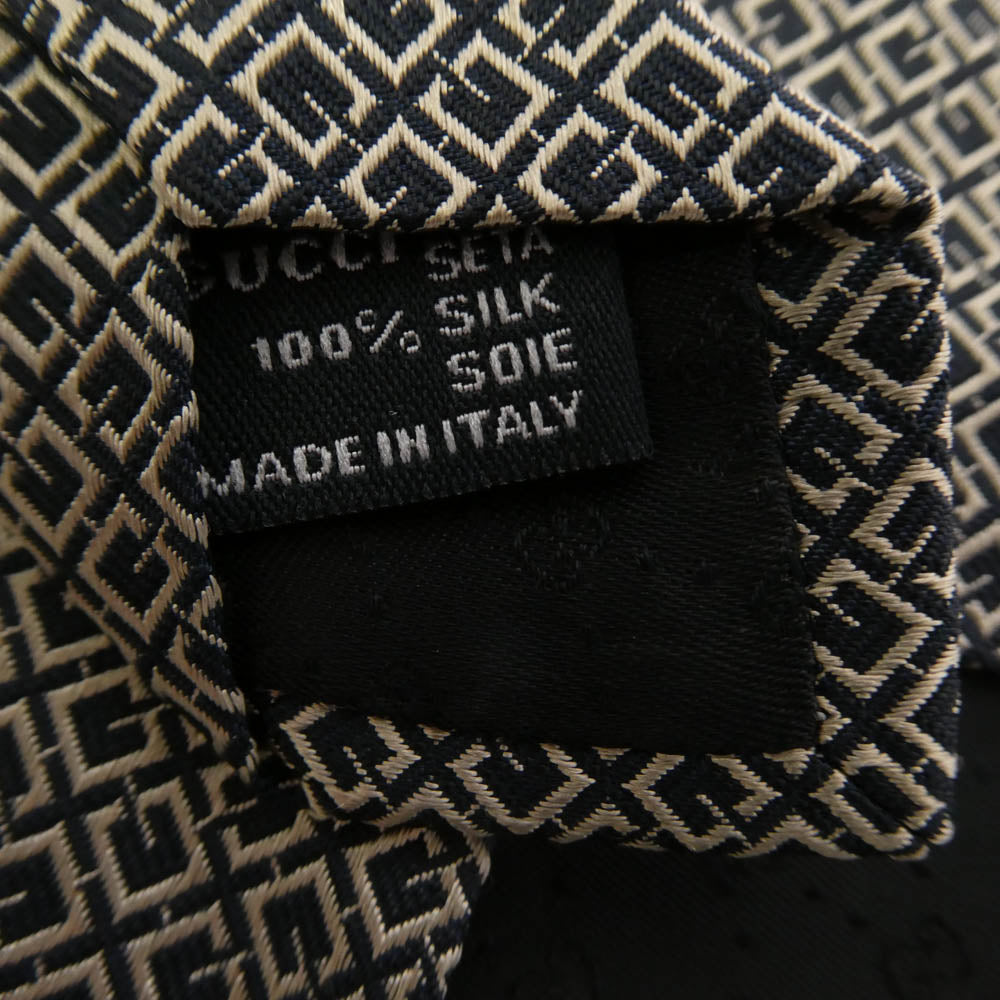 GUCCI グッチ イタリア製 スクエアGロゴ シルク ネクタイ ブラック系 ベージュ系【中古】