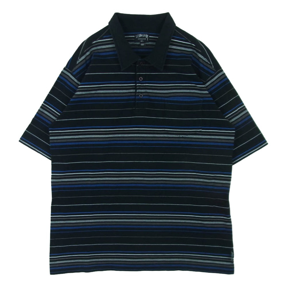 STUSSY ステューシー ボーダー 半袖 ポロシャツ コットン インド製 ブラック系 ブルー系 XL【中古】