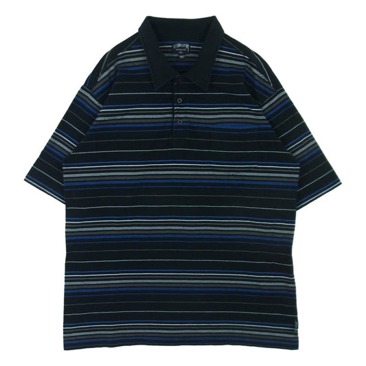 STUSSY ステューシー ボーダー 半袖 ポロシャツ コットン インド製 ブラック系 ブルー系 XL【中古】