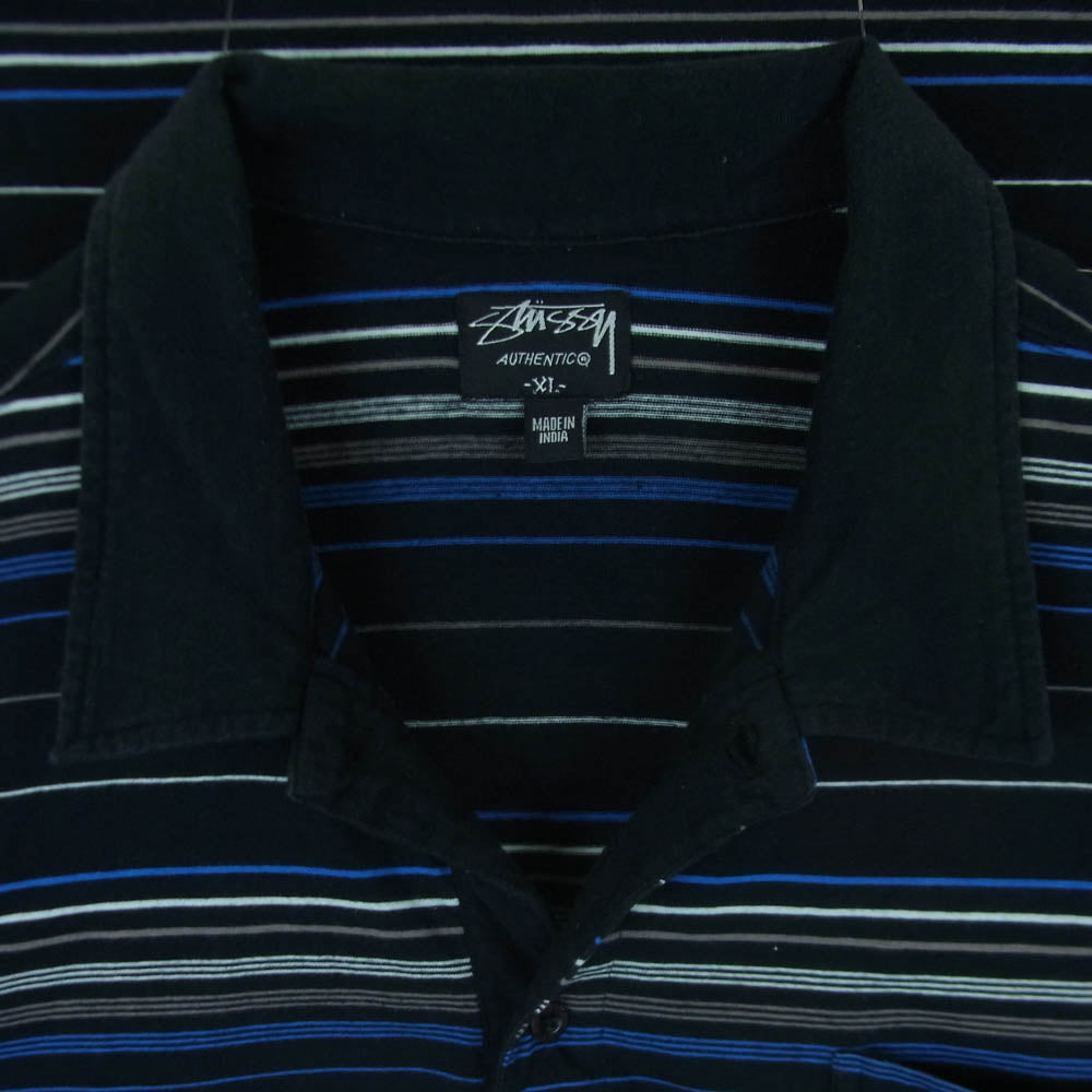 STUSSY ステューシー ボーダー 半袖 ポロシャツ コットン インド製 ブラック系 ブルー系 XL【中古】