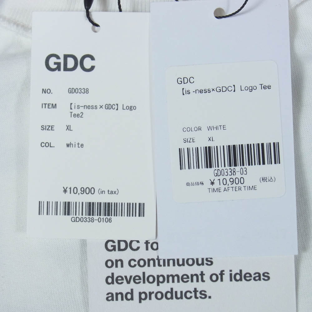 GDC ジーディーシー is-ness イズネス GD0338 × is-ness Logo Tee イズネス フロント バック ロゴ プリント Tシャツ 半袖カットソー ホワイト系 XL【極上美品】【中古】