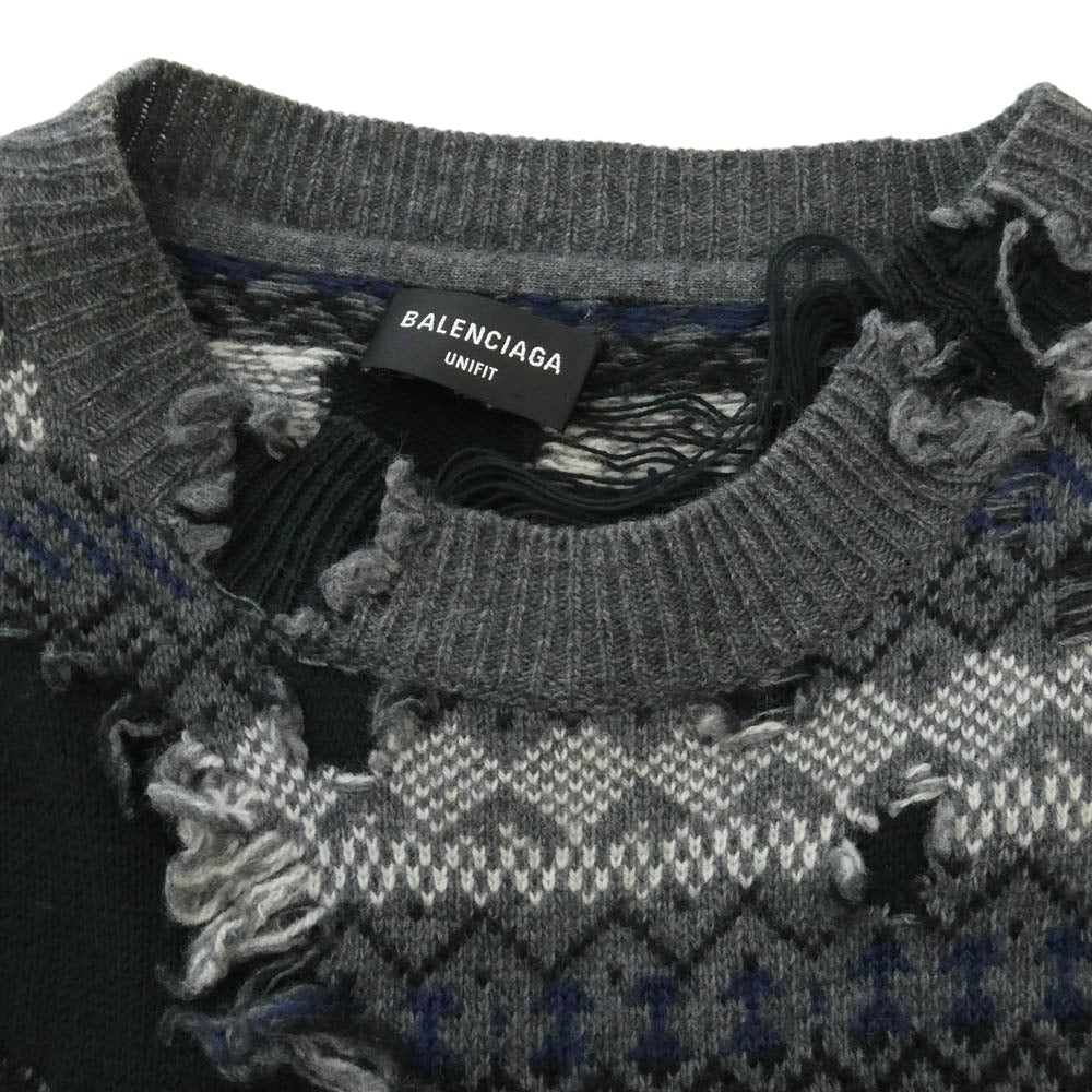 BALENCIAGA バレンシアガ 21AW 663872 ロゴ刺繍 デストロイ クルーネック ダメージニット ブラック系 グレー系 マルチカラー系 M【中古】