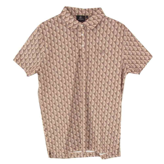 1piu1uguale3 ウノピュウノウグァーレトレ GCT002 GPE031 113 GOLF ゴルフ S/S POLO TSURU 鶴柄 半袖 ポロシャツ ブラウン系 3【美品】【中古】