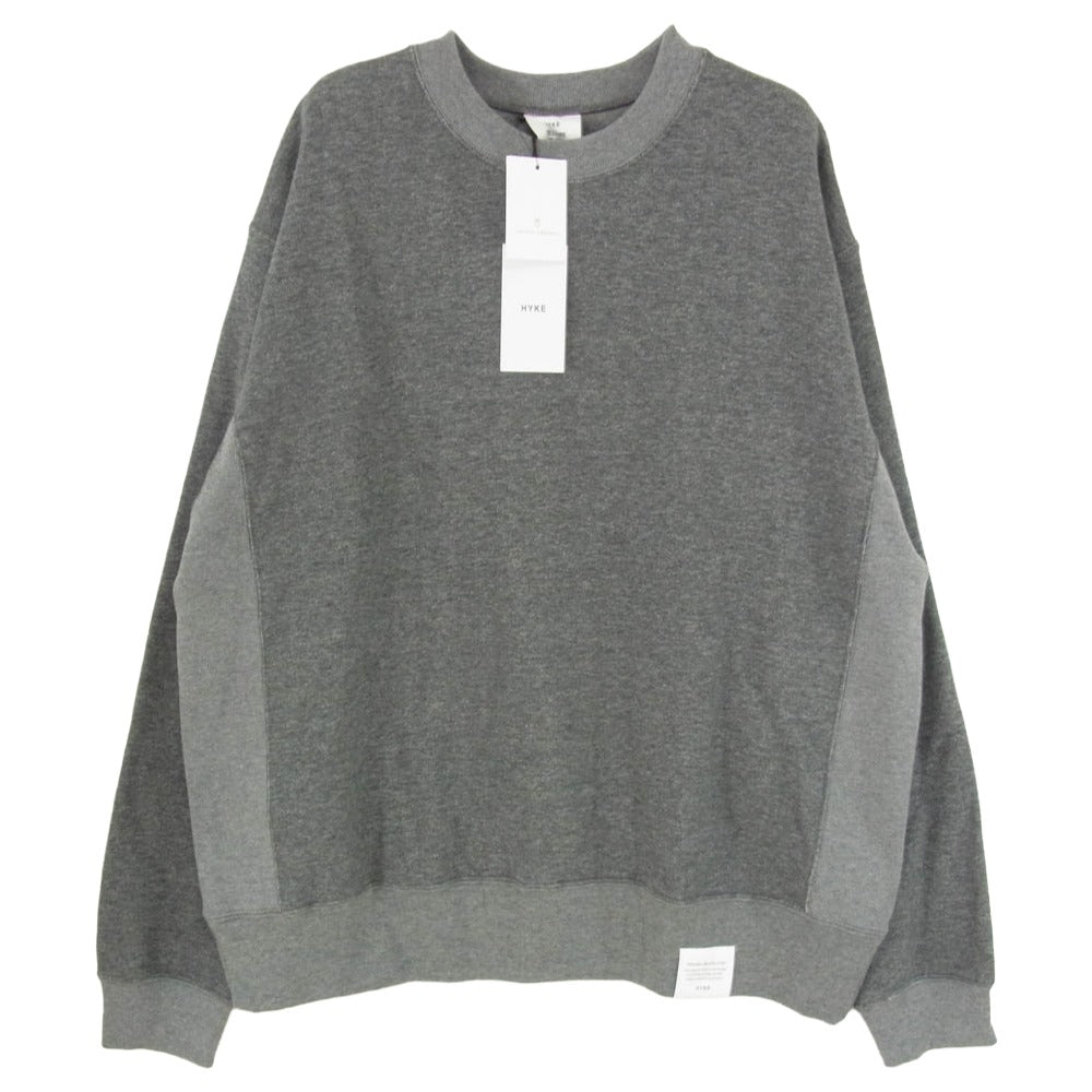 HYKE ハイク 25AW 12415-0604 AS2-1 DK.GREY 裾ロゴタグ バック Vガゼット クルーネック コットン スウェット トレーナー グレー系 XL【新古品】【未使用】【中古】