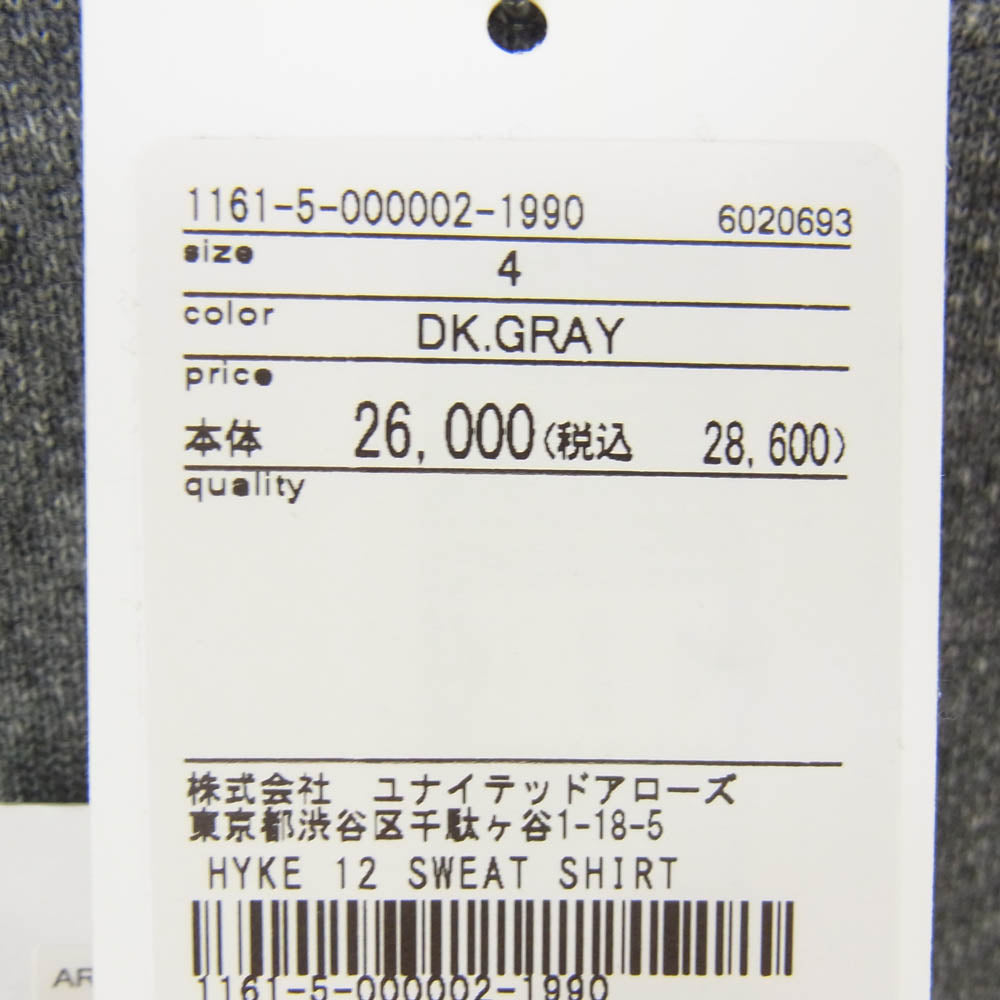 HYKE ハイク 25AW 12415-0604 AS2-1 DK.GREY 裾ロゴタグ バック Vガゼット クルーネック コットン スウェット トレーナー グレー系 XL【新古品】【未使用】【中古】
