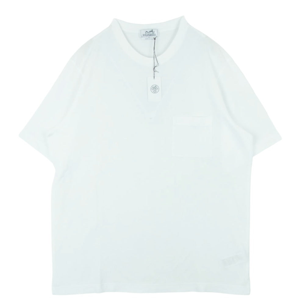 HERMES エルメス イタリア製 Hロゴ刺繍 コットン クルーネック カットソー 半袖 ポケット Tシャツ ホワイト系 XXL【極上美品】【中古】
