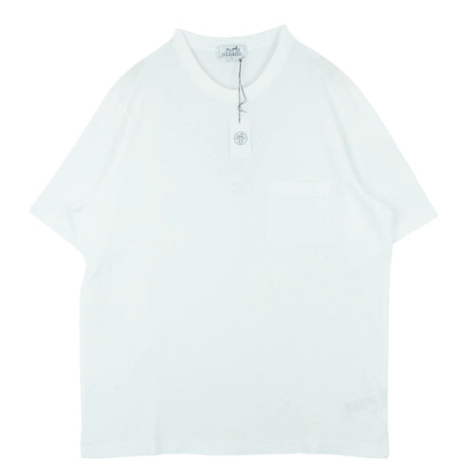 HERMES エルメス イタリア製 Hロゴ刺繍 コットン クルーネック カットソー 半袖 ポケット Tシャツ ホワイト系 XXL【極上美品】【中古】