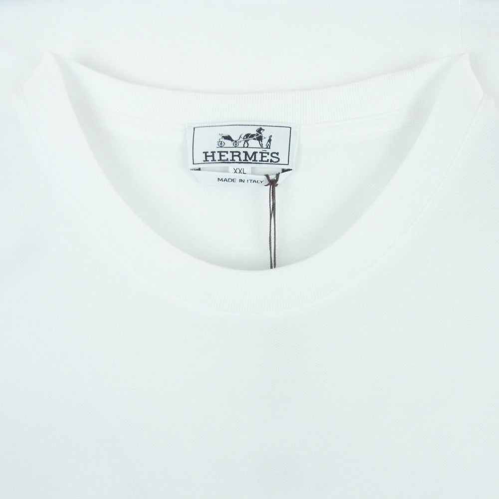 HERMES エルメス イタリア製 Hロゴ刺繍 コットン クルーネック カットソー 半袖 ポケット Tシャツ ホワイト系 XXL【極上美品】【中古】