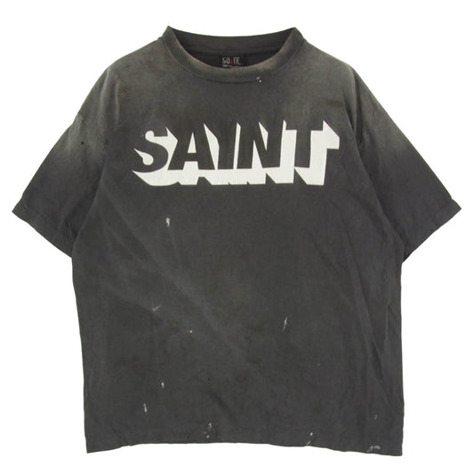 SAINT MICHAEL セントマイケル SM-HR1-0000-008 聖人Mxxxxxx SS TEE SAINT ロゴ プリント 半袖 Tシャツ ユーズド フェード ダメージ ペンキ汚し 加工 グレー系 L【中古】