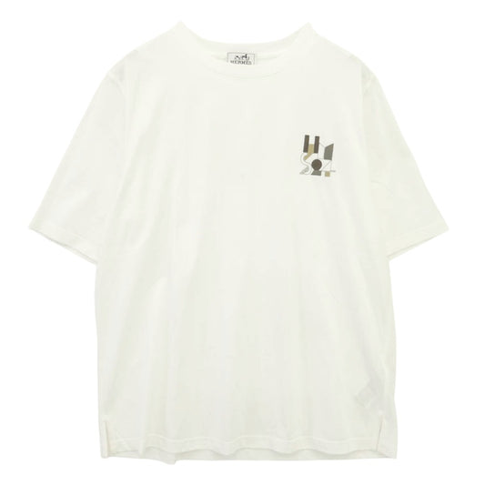HERMES エルメス イタリア製 JEU D'ADRESS ミニレザーパッチ ジュ ダドレス レザーパッチ ロゴ 半袖 Tシャツ ホワイト系 L【極上美品】【中古】