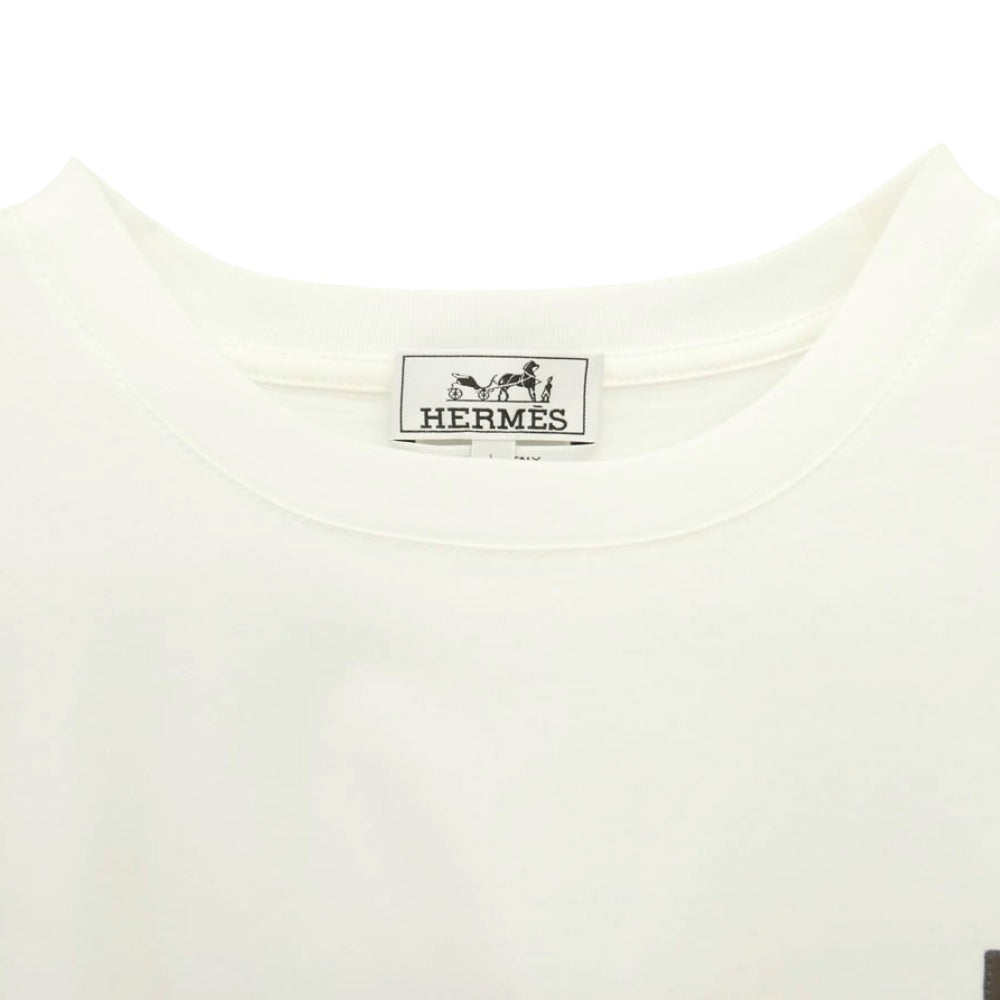 HERMES エルメス イタリア製 JEU D'ADRESS ミニレザーパッチ ジュ ダドレス レザーパッチ ロゴ 半袖 Tシャツ ホワイト系 L【極上美品】【中古】